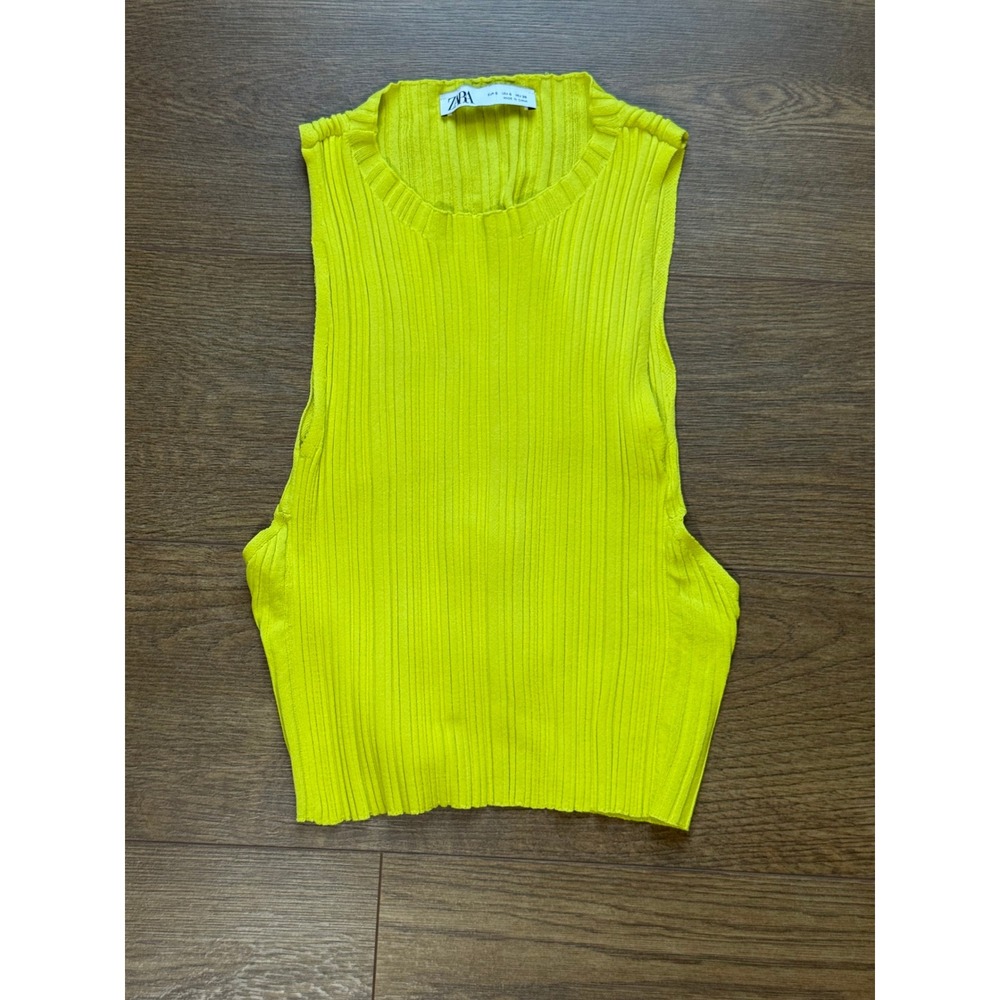 Zara Neon Yellow Ribbed Knit Open Back Tie Tank Top Small